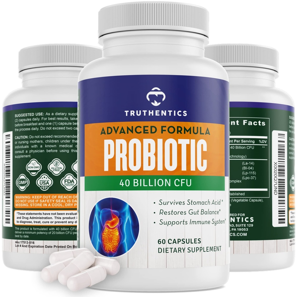 TRUTHENTICS Probiotic 40 Billion CFU with Prebiotics - Bifidobacterium Lactobacillus Acidophilus Paracasei Probiotics for Men & Women - Shelf Stable - 60 Vegan Capsules