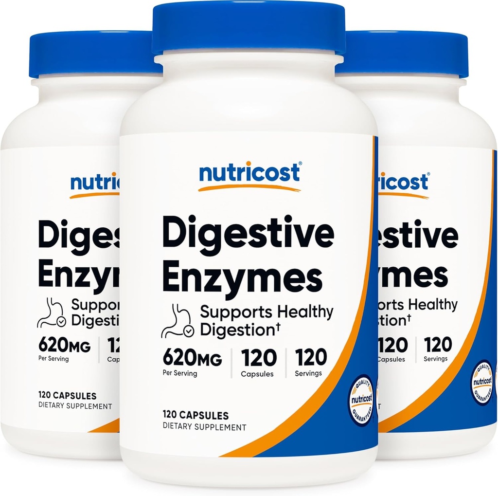 Nutricost fordøjelsesenzymer 620mg, 120 Veggie kapsler (3 flasker) - Komplet fordøjelsesenzymer supplement