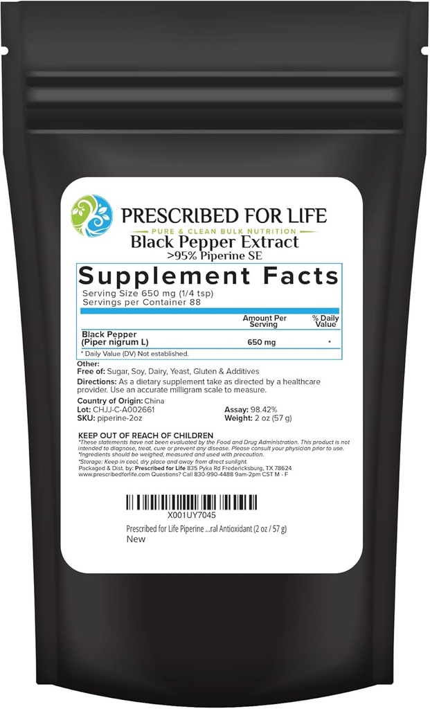 Udskrevet for Life Piperine Powder, 95% Black Pepper Extract Powder, øger næringsstofabsorption, Gluten Free, Vegan, Non GMO, Natural Antioxidant (2oz / 56g)