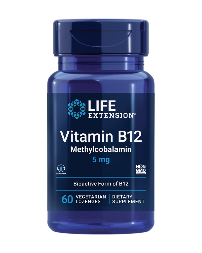 Life Extension Vitamin B12 Methylcobalamin, Nerve Health Supplement, Kognitiv Support, Energy Vitamin, methylcobalamin B12, 5 mg, Quick- Opløsning, Gluten- Free, Non- GMO, Vegetar, 60 lozenges