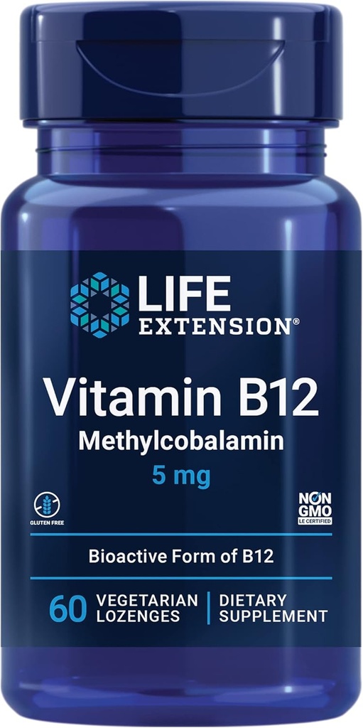 Life Extension Vitamin B12 Methylcobalamin, Nerve Health Supplement, Kognitiv Support, Energy Vitamin, methylcobalamin B12, 5 mg, Quick- Opløsning, Gluten- Free, Non- GMO, Vegetar, 60 lozenges