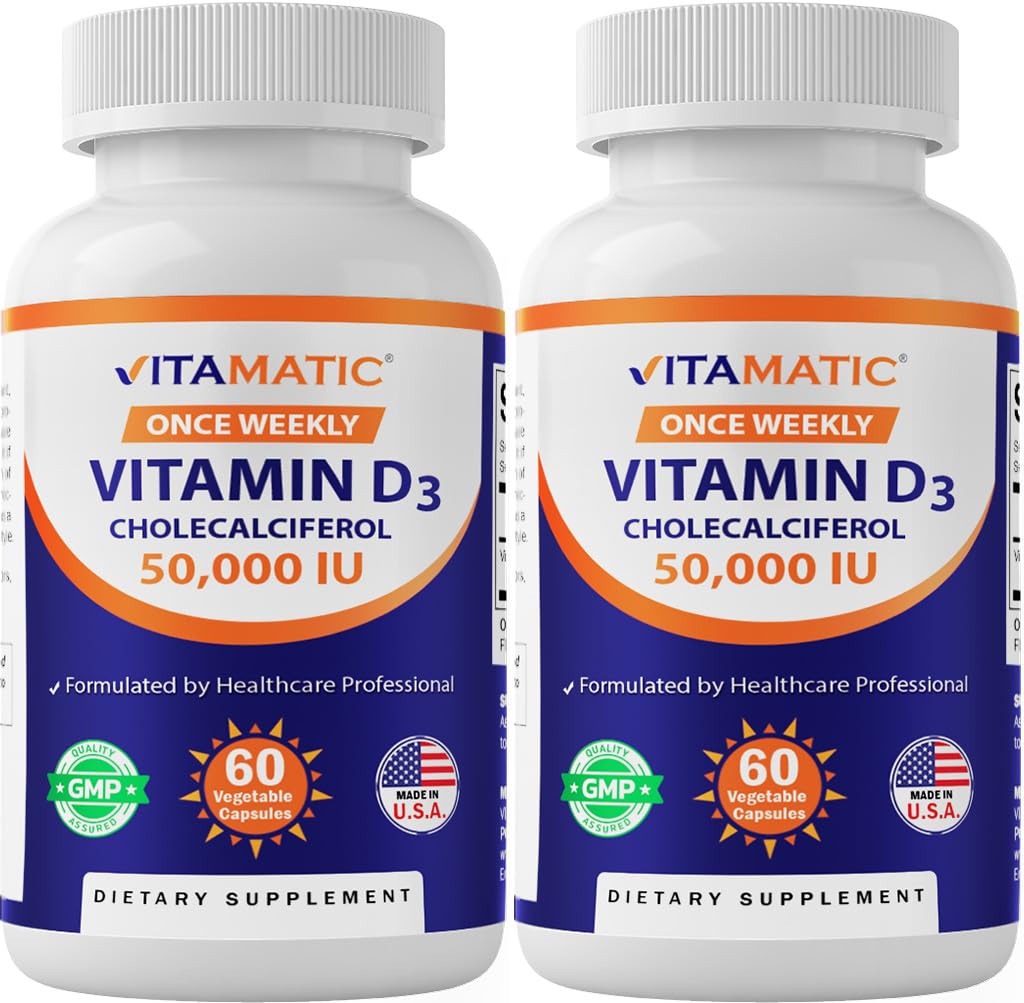 Vitamatic 2 Pack Vitamin D3 50,000 IU (as Cholecalciferol), Once Weekly Dose, 1250 mcg, 60 Veggie Capsules 1 Year Supply, Progressive Formula Helping Vitamin D Deficiencies (Total 120 Veg Capsules)