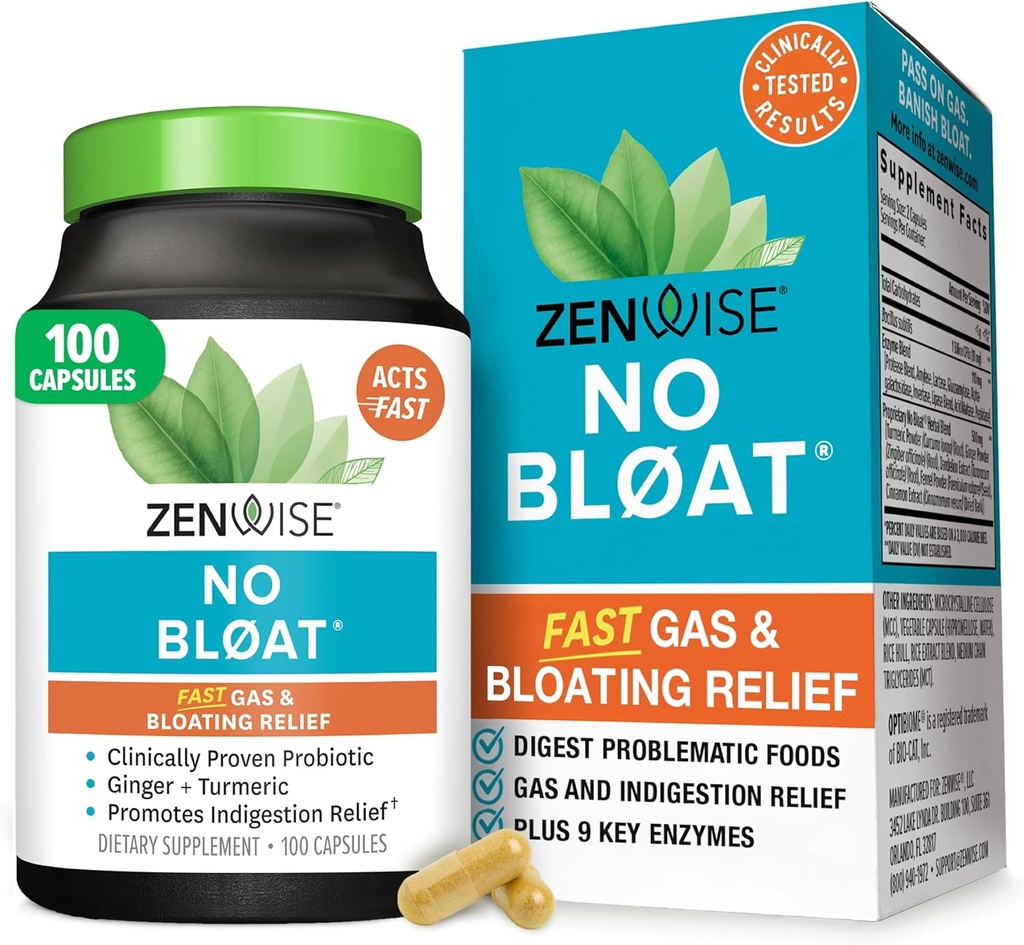 Zenwise Health No Bloat fordøjelsesenzymer til Gut Health, Gas & Bloating Relief - Multi Enzymes fordøjelse tillæg med probiotika, Ingefær, gurkemeje Mælkebøtte & Lactase - Mænd og kvinder - 100 Tæl
