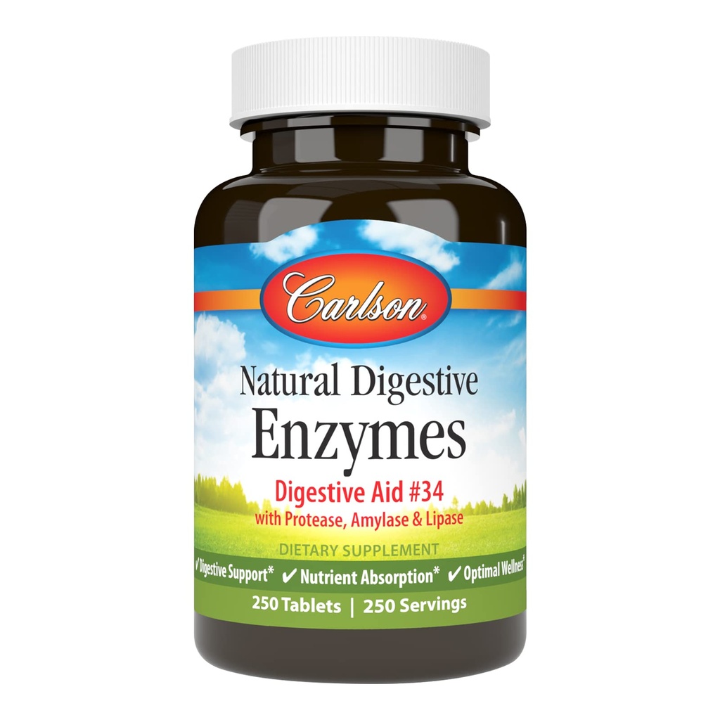Carlson - Natural Digestive Enzymes, Digestive Aid #34 with Protease, Amylase & Lipase, Digestive Support, Nutrient Absorption & Optimal Wellness, 250 Tablets