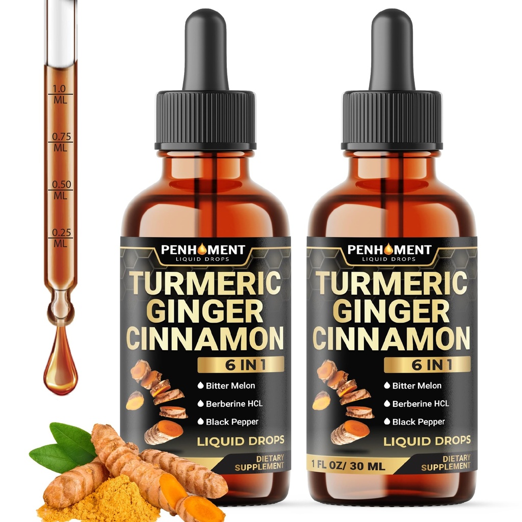 6in1 Liquid Turmeric Curcumin with Ginger, Berberine, Ceylon Cinnamon, Bitter Melon, Black Pepper - Drops Extract for Joint Support - 2Packs of 1 Fl Oz