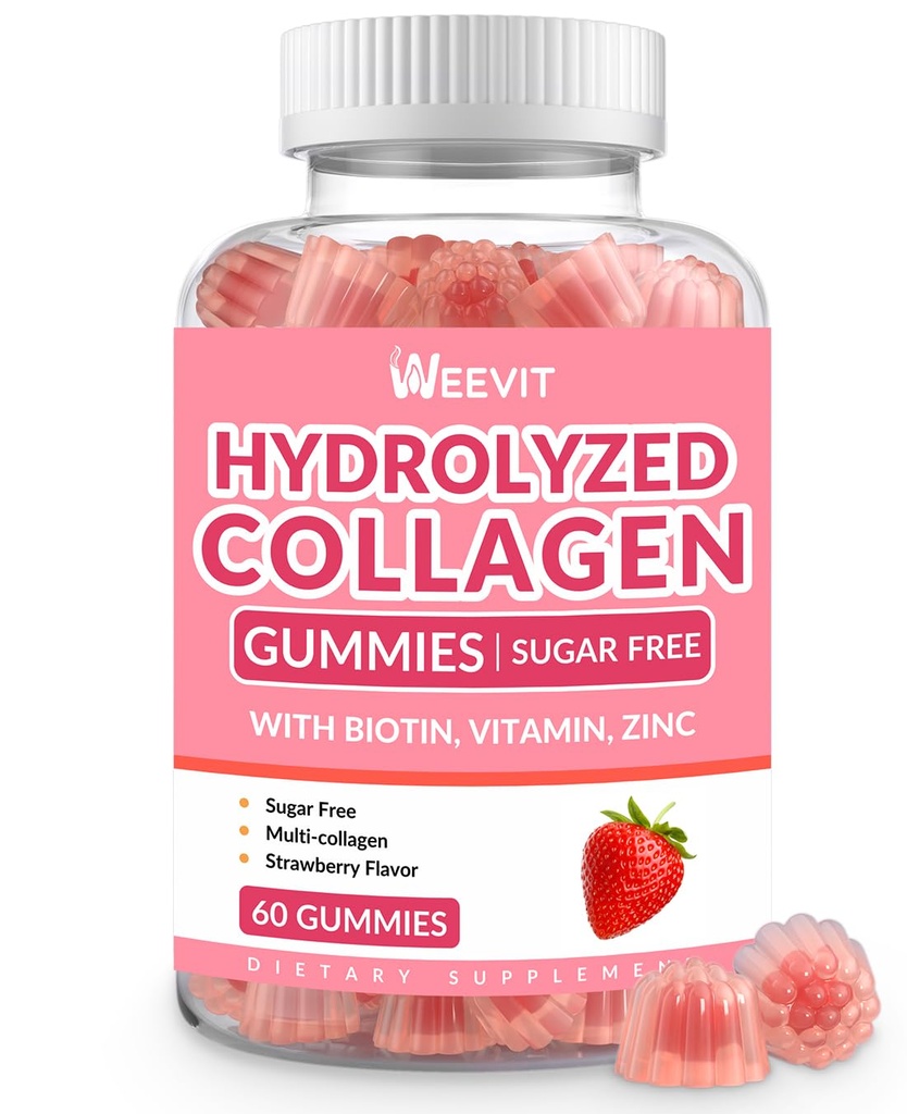 Collagen Gummier til kvinder, Hydrolyzed Collagen Peptider Gummier med Biotin, Collagen Kosttilskud Gummy med vitamin B12, C, D, Zink til hår hud negl