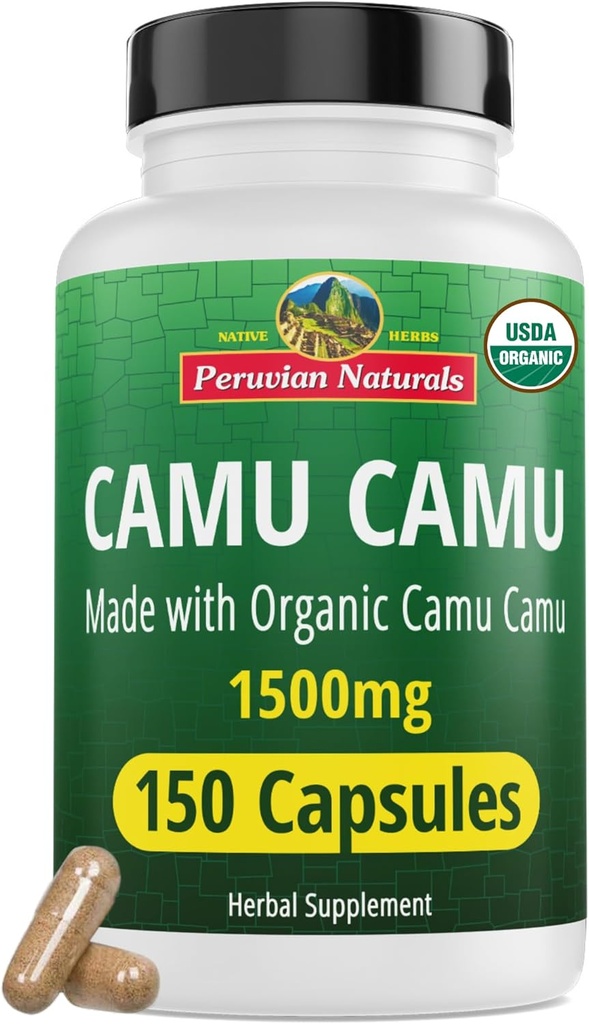 Peruvian Naturals Organic Vitamin C fra Camu Camu Kapsler 1.500mg - 150 Vegan Pills, Natural Vitamin C fra Whole Food Camu Berry Organic, Non- GMO