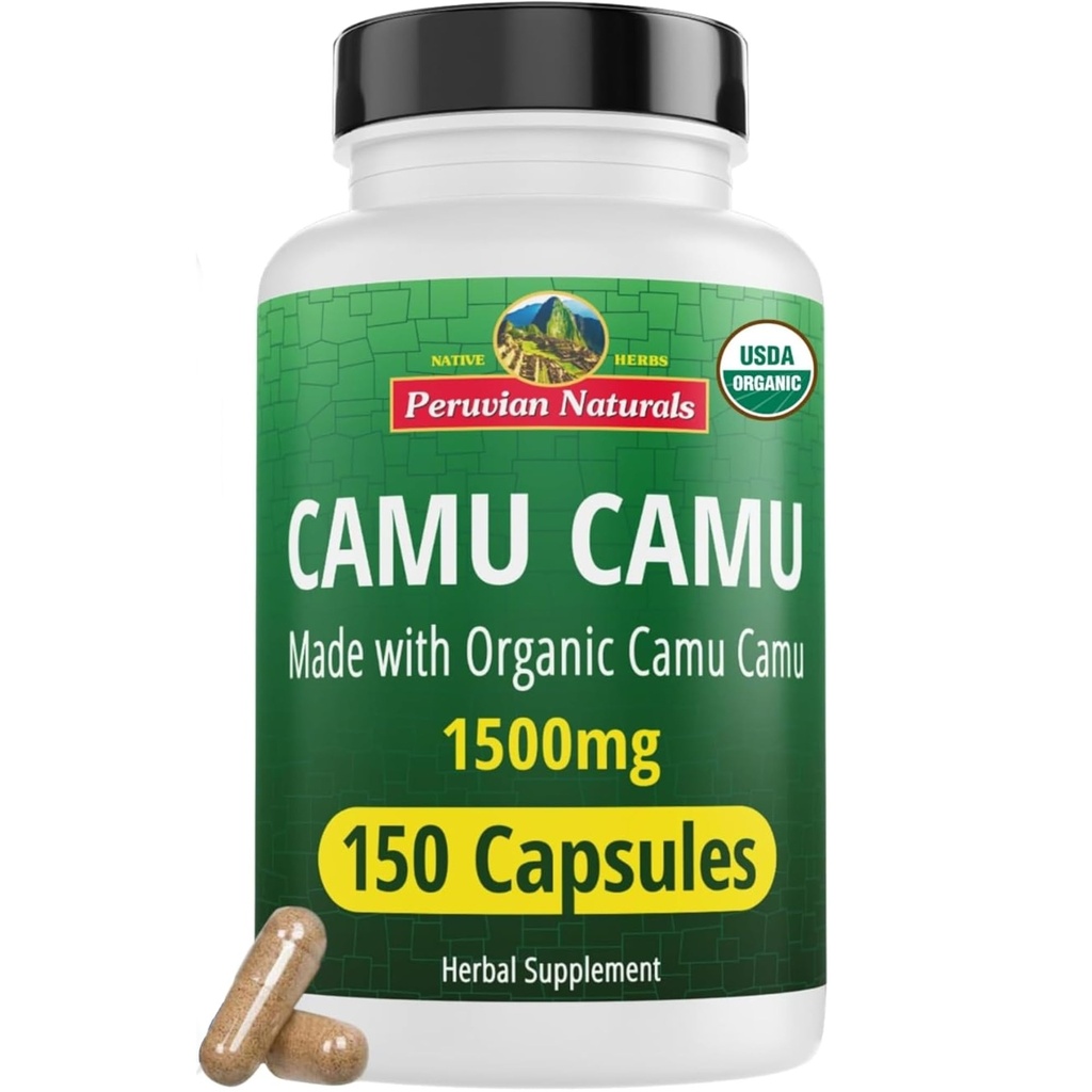 Peruvian Naturals Organic Vitamin C fra Camu Camu Kapsler 1.500mg - 150 Vegan Pills, Natural Vitamin C fra Whole Food Camu Berry Organic, Non- GMO