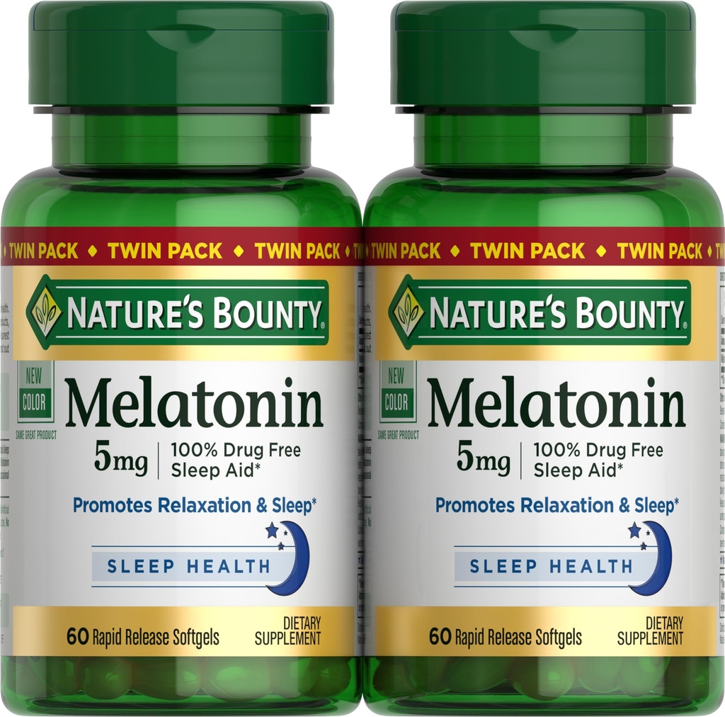 Nature 's Bounty Melatonin 5mg, 100% Drug Free Sleep Aid, Kosttilskud til afslapning og søvn sundhed - 4 måneders levering, 60 Rapid Release Softgels Twin Pack (120ct)