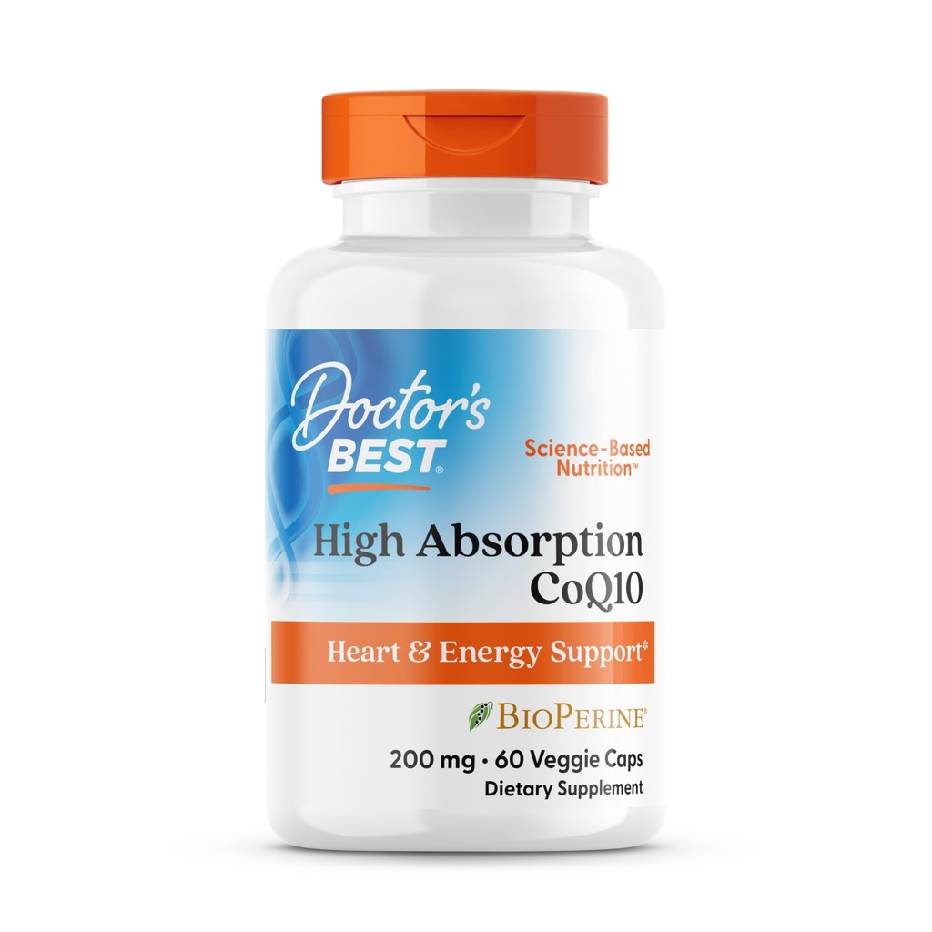 Doctor 's Best High Absorption CoQ10 200mg with BioPerine Supplement - Coenzym Q10 Caps for Heart Health & Antioxidant Support, CoQ10 200 mg for kvinder & mænd, Non GMO - 60 Veg kapsler