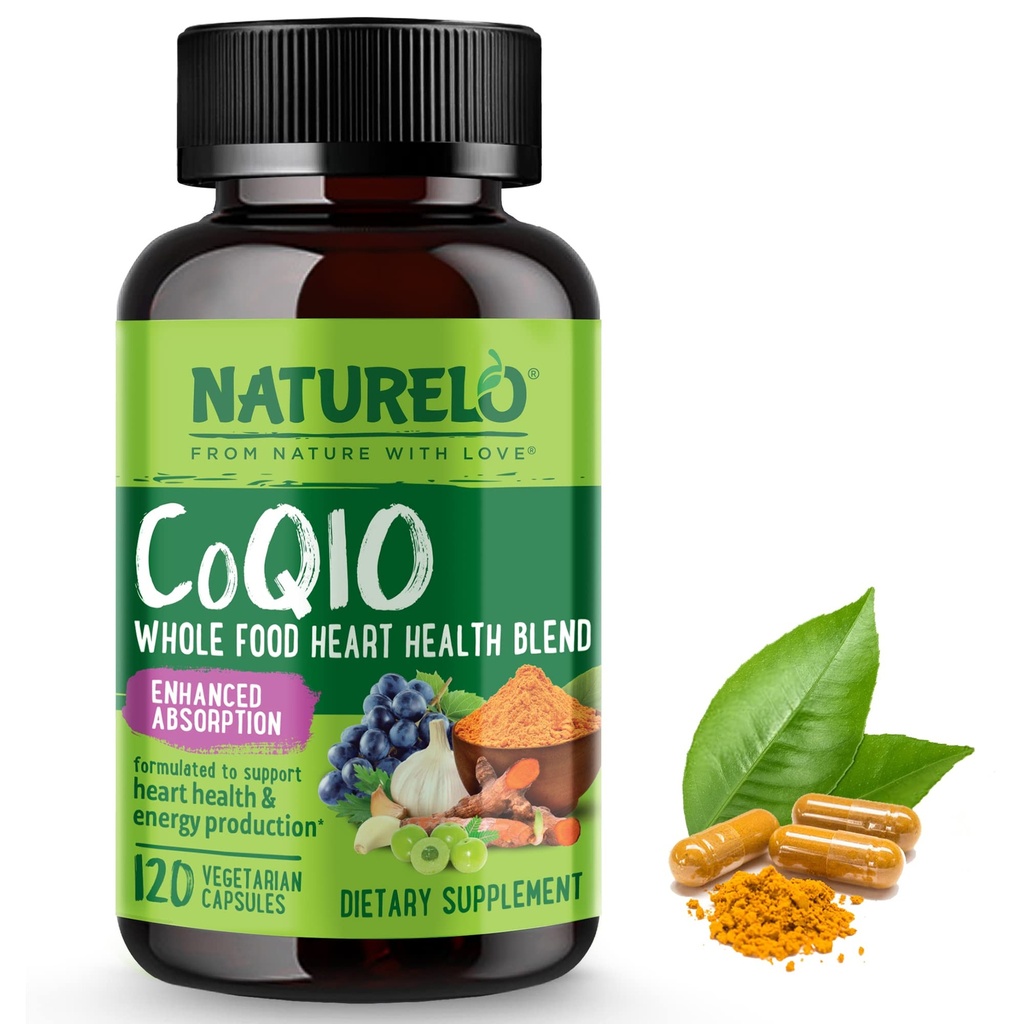 NATURELO hel mad CoQ10 Supplement, 120 Veg kapsler, hjerte sundhed blend, kraftfuld antioxidant, CoQ10 100mg understøtter energiproduktion