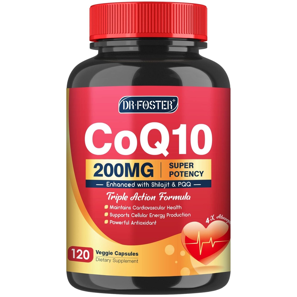 CoQ10 200mg med PQQ & Shilajit - Høj Absorption med Bioperine Coenzym Q10 Kosttilskud - Kraftig antioxidant til hjerte & hjerne sundhed og energiproduktion - 120 Veggie kapsler