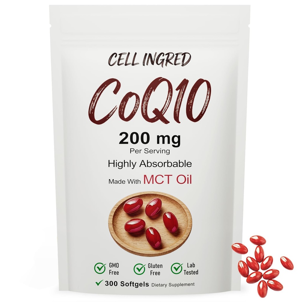 CQ10, 200 mg per Serving, 300 softgels with Coconut MCT Oil, Highly absorbable ubiquinone Form of CoQ10, antioxidant Support for Heart and Energy Health, Non-GMO, Gluten-Free, Soy-Free.