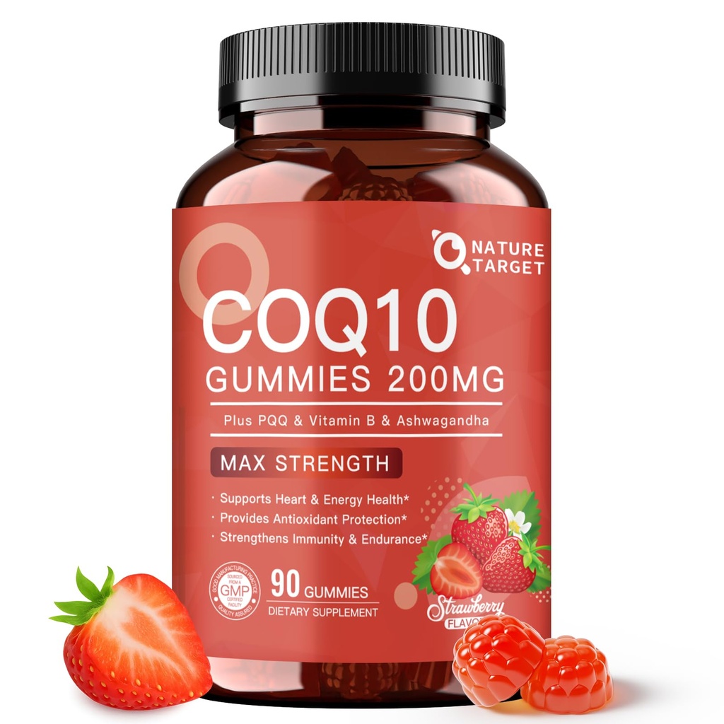 NATUR TARGET CoQ10 Gummies 200mg - High Absorption Coenzym Q10 Koenzym Q10 Kosttilskud til hjerte, energi & antioxidant med PQQ Zink & Ashwagandha, Strawberry Flavor, 90 Greve