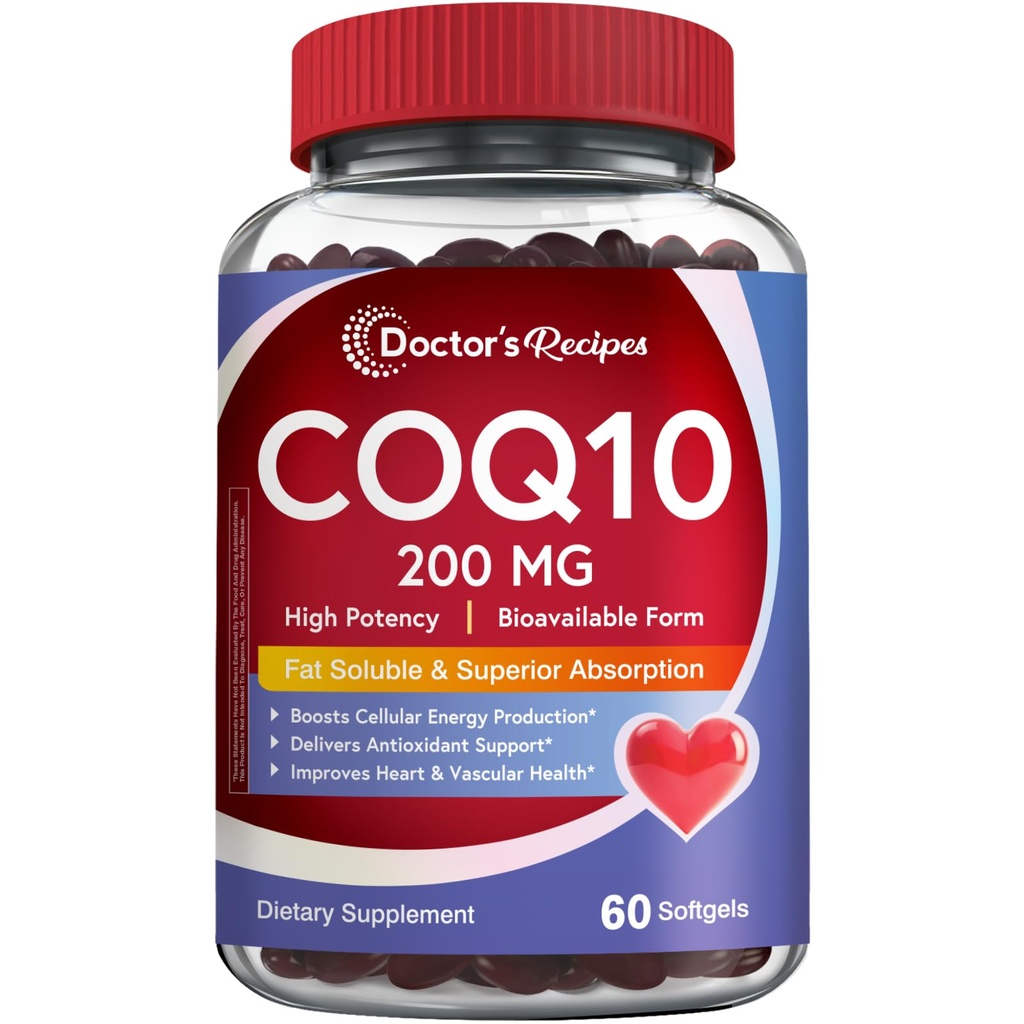 Doctor's Recipes CoQ10 200mg, 60 Softgels, Highly Absorbable Coenzyme Q10, Antioxidant Support & Cellular Energy Boost, Improves Heart, Vascular & Muscle Health, Non-GMO, No Gluten Dairy