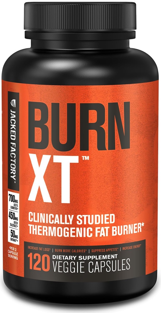 Jacked Factory Burn- XT Klinisk Studerede Fat Burner & Vægttab supplement - Appetite Suppressant & Energy Booster - med Acetyl L- Carnitin, Green Tea Extract og mere - 120 naturlige kost piller