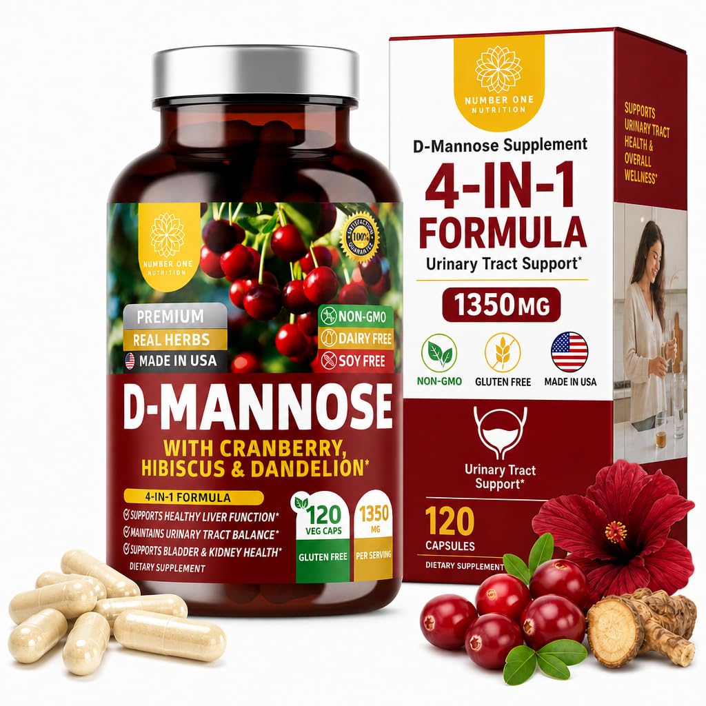 Nummer et Nutrition Premium D Mannose Supplement for kvinder og mænd [Max Strength, 1350MG] Natural D-Mannose med tranebær, Hibiscus og Mælkebøtte for Urinary Tract Health, 120 Greve