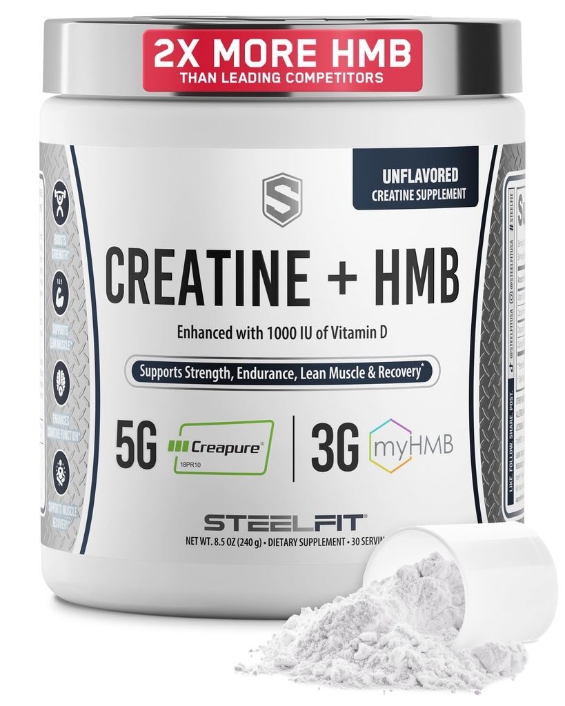 SteelFit Creatin HMB Powder - 5g Creapure Creatin Monohydrat Powder, 3g myHMB & 1000 IE D-vitamin - workout supplement understøtter muskelvækst, styrke, Inddrivelse & energi - Unflavored, 30 Serveringer