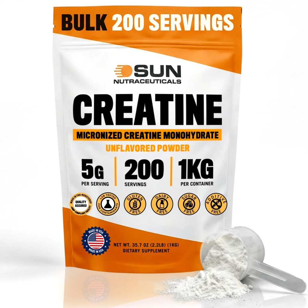Micronized Creatine Monohydrate Powder 1kg (2.2lbs, 200 Servings) - Bulk Creatine Powder Supplements, 5g per serv, Unflavored, Third Party Tested, Supports Muscle Strength for Men & Women