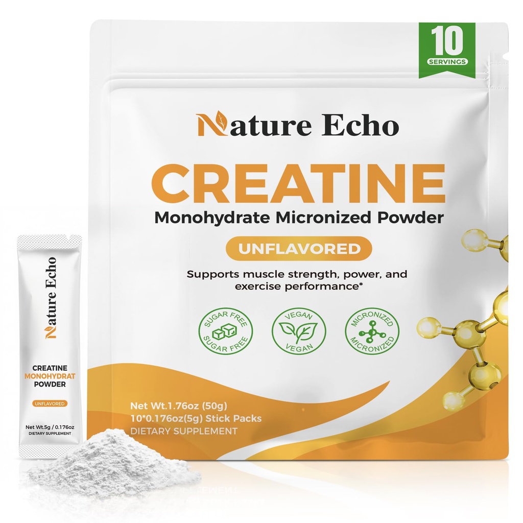 Creatine Monohydrate Micronized Powder - 10 Single-Serve Travel Packs 5g - Clean, Unflavored Creatine for Men & Women to Muscle Growth, Vegan, Gluten-Free, no Sugar