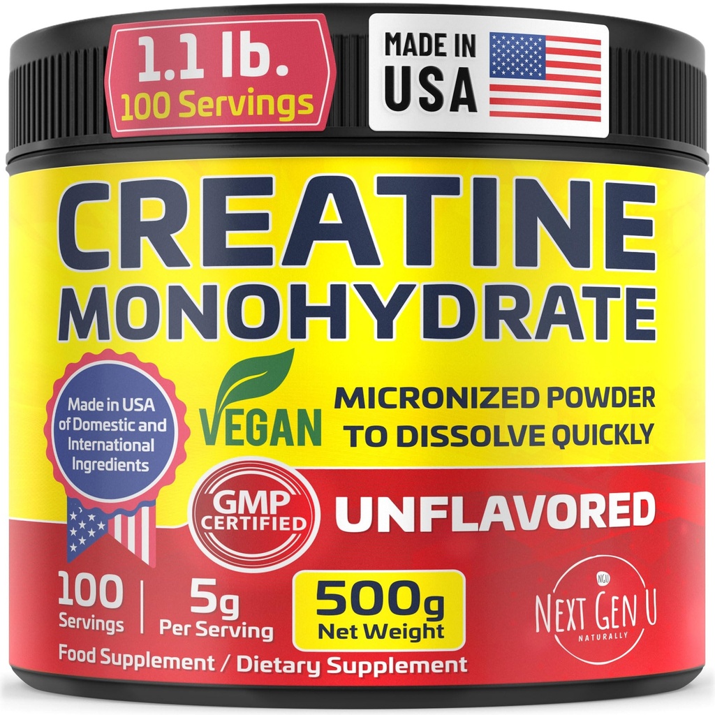 Vegan Creatine Monohydrate Powder - 5000 mg per Serving, 500g / 1.1 lb - Micronized Unflavored Pure Food Supplement - May Help Support Muscles, Energy, Cognitive Function - by NextGenU