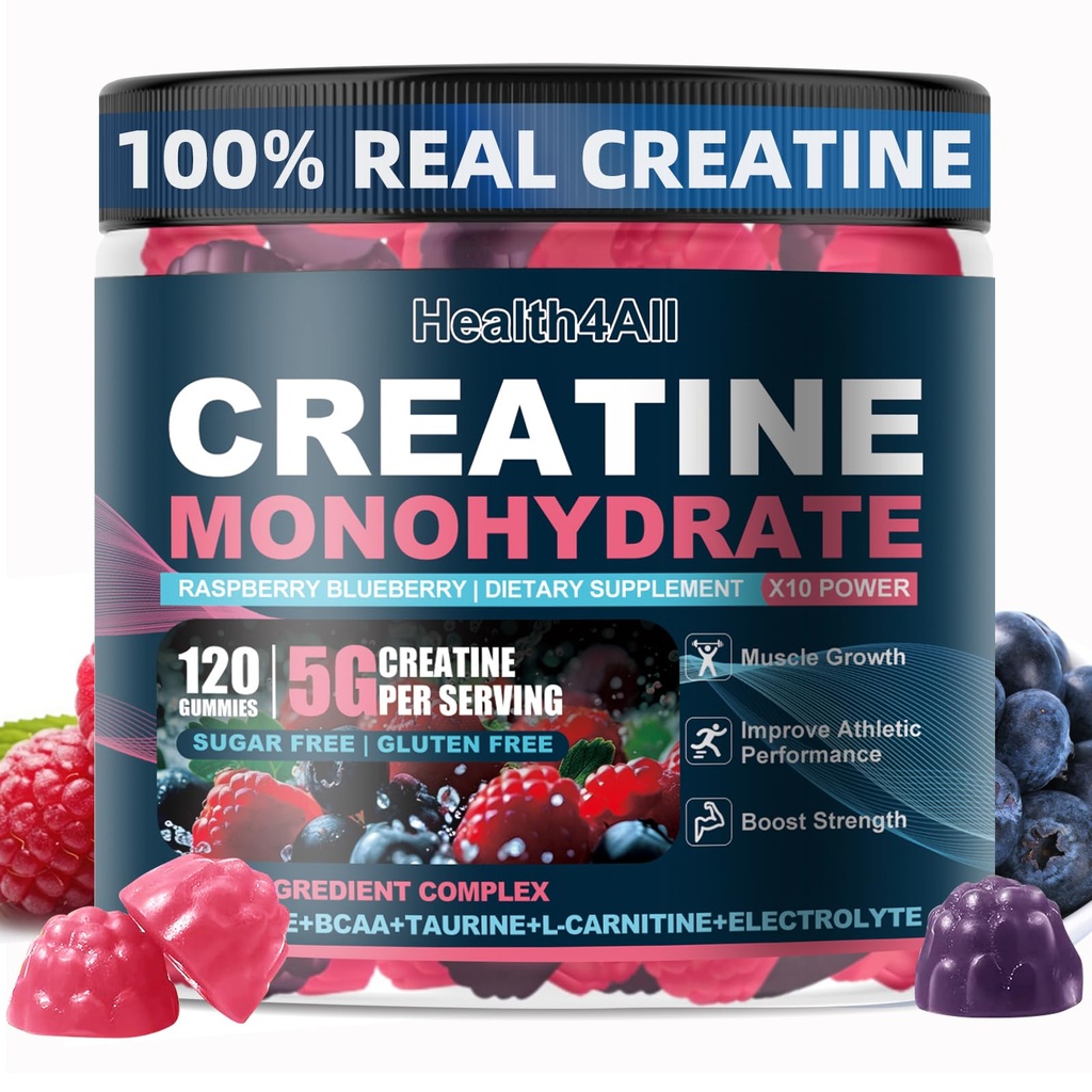 Health4All Creatine Monohydrate Gummies 5g for Men & Women, Creatine Gummy for Strength Energy & Muscle Growth Support Pre-Workout Supplement - Raspberry & Blueberry 120 Gummy