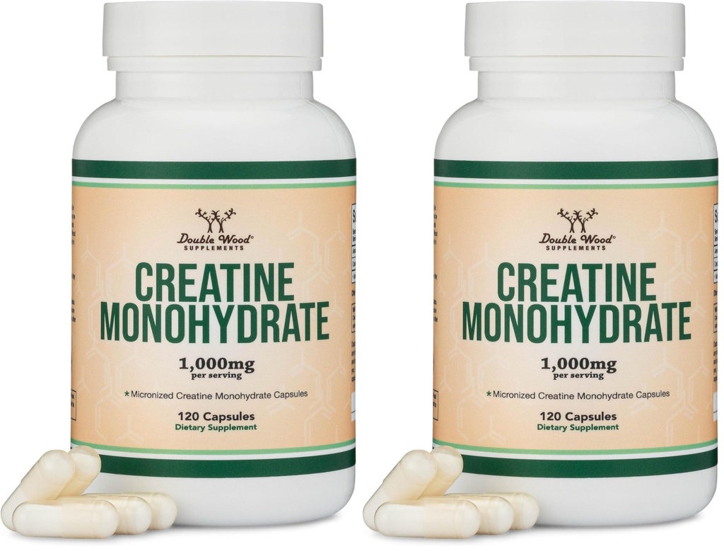 Kreatin monohydrat kapsler - 1g per servering, 120 Greve - Ingen Fyldere, Vegan Safe, Non- GMO, Gluten Free by Double Wood (Pack of 2)