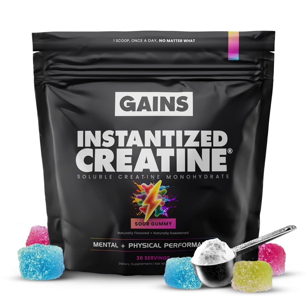 Gains in Bulk Instantized Creatine Monohydrate for Men & Women, Soluble Pre Workout Powder, Supports Muscle Building, Strength and Performance, Bodybuilding Supplements, Sour Gummy, 30 Servings
