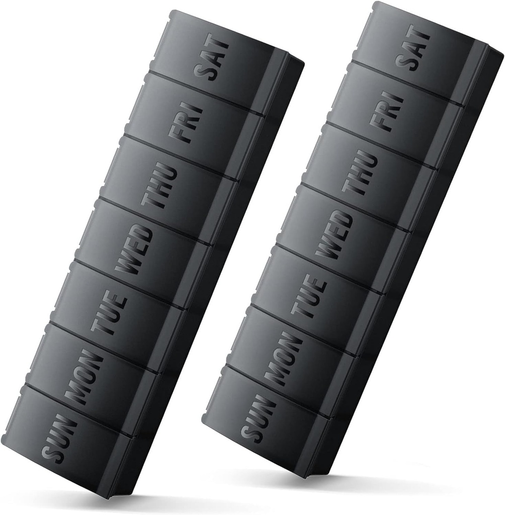 Stor Pill Organizer 2 Pack, Easy- Open Weekly Pill Organizer, XL Daily Pill Organizer, 7 dages medicin Pill Organizer, Medicin Box 7 dag for store vitamin kosttilskud (Double Black)