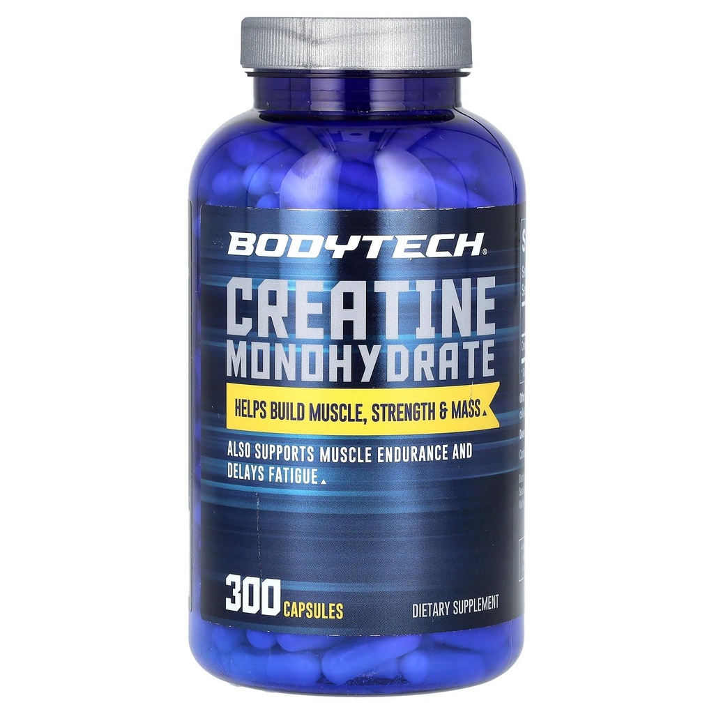 BodyTech 100 Pure Creatine Monohydrate 2250 MG Supports Muscle Strength Mass, 100 Servings (300 Capsules)
