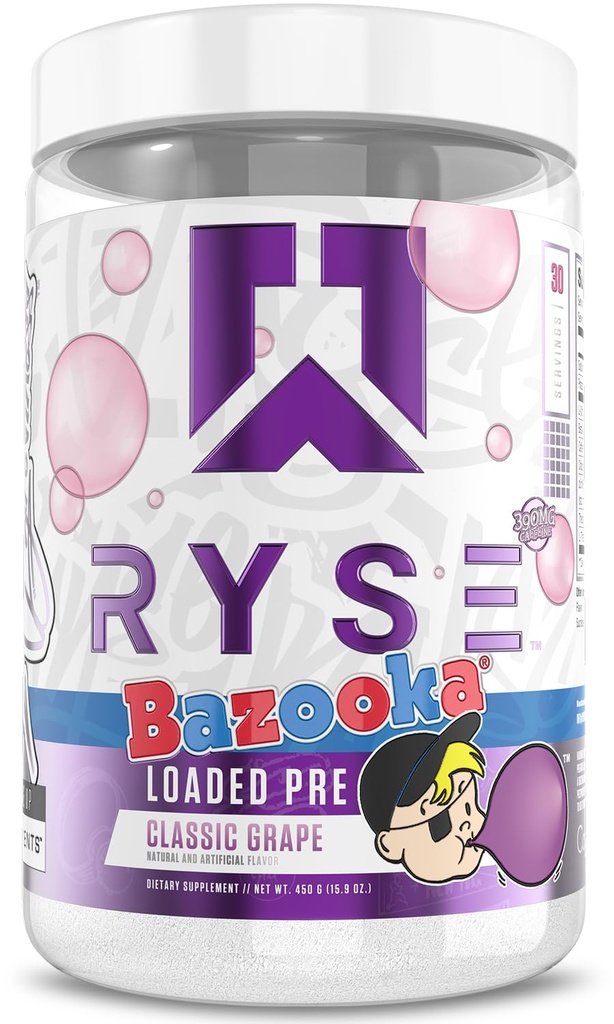 RYSE Loaded Pre Workout Powder - Bazooka Grape - Daglig præ-workout for mænd og kvinder med 390mg koffein, Beta Alanine, og Citrullin til Pump, Focus og energi - 30 Serveringer