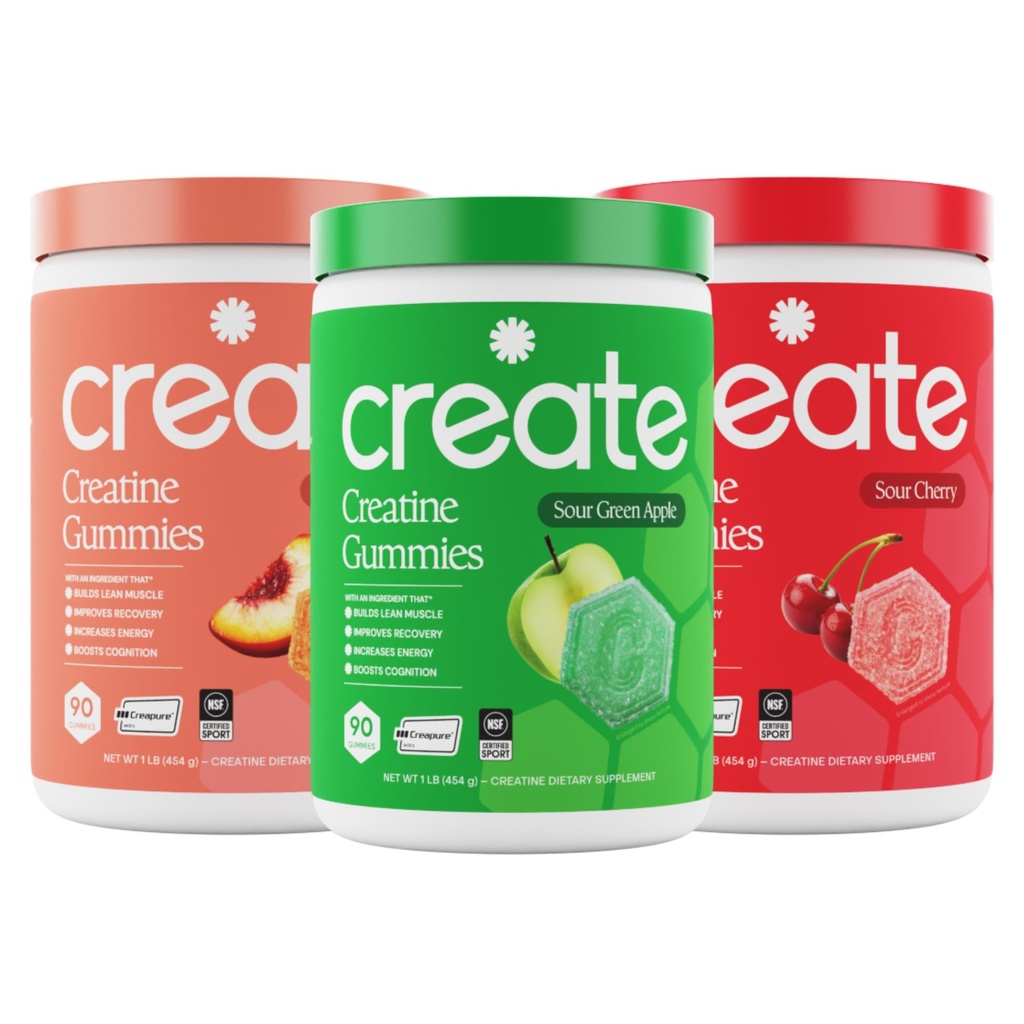 Create Creatine Monohydrate Gummies - Extreme Sour Trio - Sour Green Apple, Peach & Cherry - Creatine Gummies for Women & Men, NSF Certified, 3rd Party Tested, 270 Count (3-Pack)