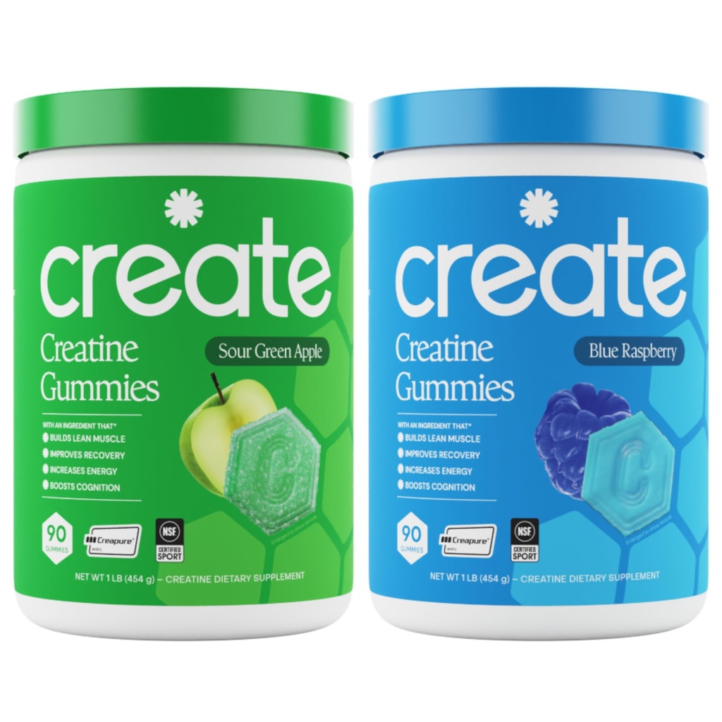 Create Creatine Monohydrate Gummies - Blue Apple Blast Duo - Blue Raspberry & Sour Apple - Creatine Gummies for Women & Men, NSF Certified, 3rd Party Tested, Anti-Melting Formula, 180 Count (2-Pack)