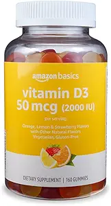 Basics Vitamin D3 2000 IE Gummies, Orange, Lemon & Strawberry, 160 Count (2 per Serving) (Tidligere Solimo) (Pack of 2)