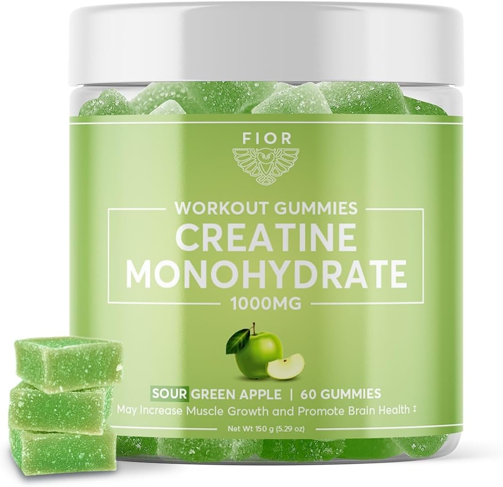 FIOR Creatinine Gummy - Bedste Creatinine Monohydrat Chewable, 60 Greve, Workout & Protein Supplement, Kognitiv Enhancement, Sour Green Apple Flavor, 30 Serveringer