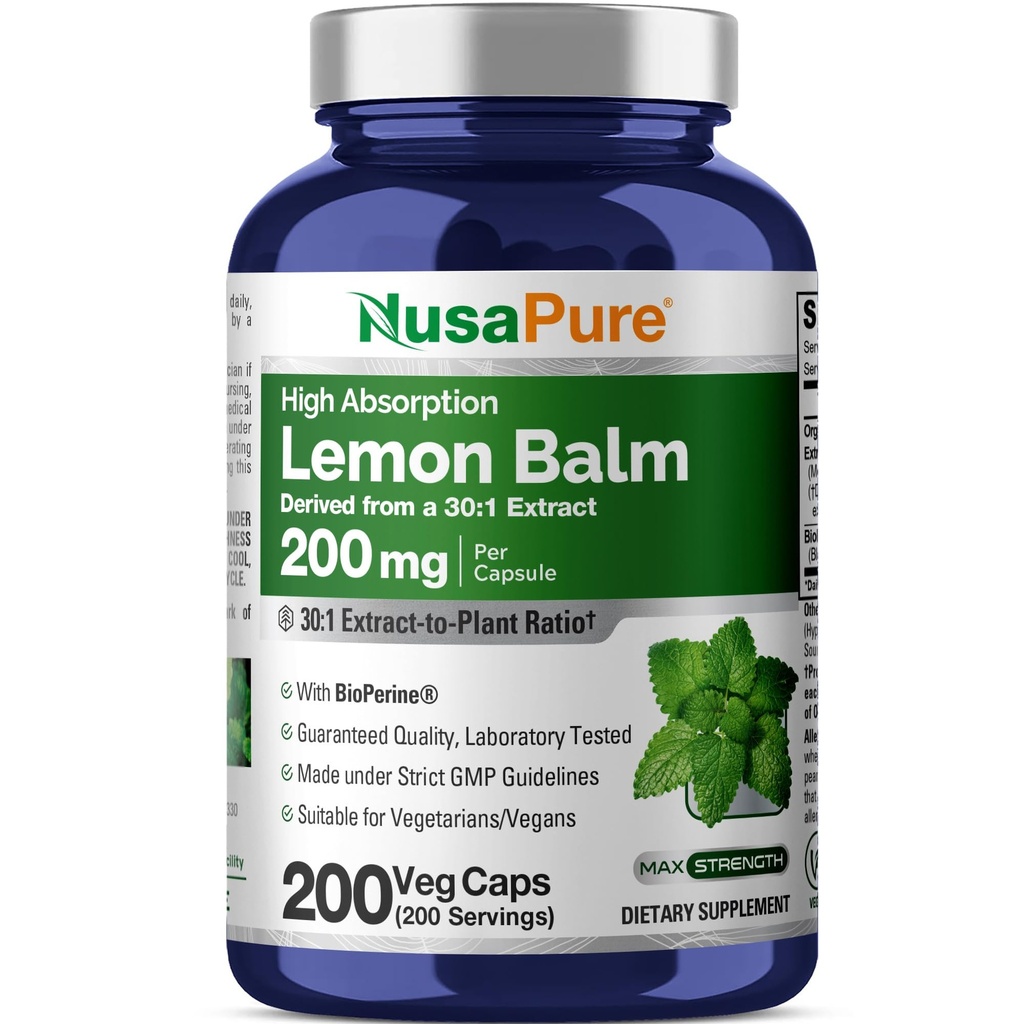 NusaPure Lemon Balm 30: 1 Extract, 200 mg Tilsvarende 6000mg Per Vegan Caps - 200 Count Non- GMO, Vegan Bioperine