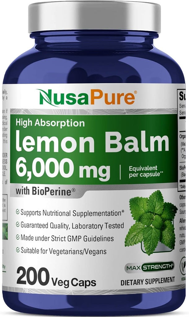 NusaPure Lemon Balm 30: 1 Extract, 200 mg Tilsvarende 6000mg Per Vegan Caps - 200 Count Non- GMO, Vegan Bioperine