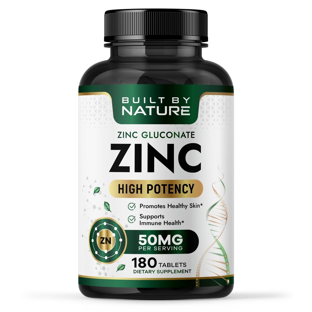 Bygget af Nature Zink 50 mg - Zinkgluconat til høj- Absorberet immunforsvar og antioxidant - fremmer hud, øje og immunsundhed - Non- GMO, Gluten- fri - 180 tabletter