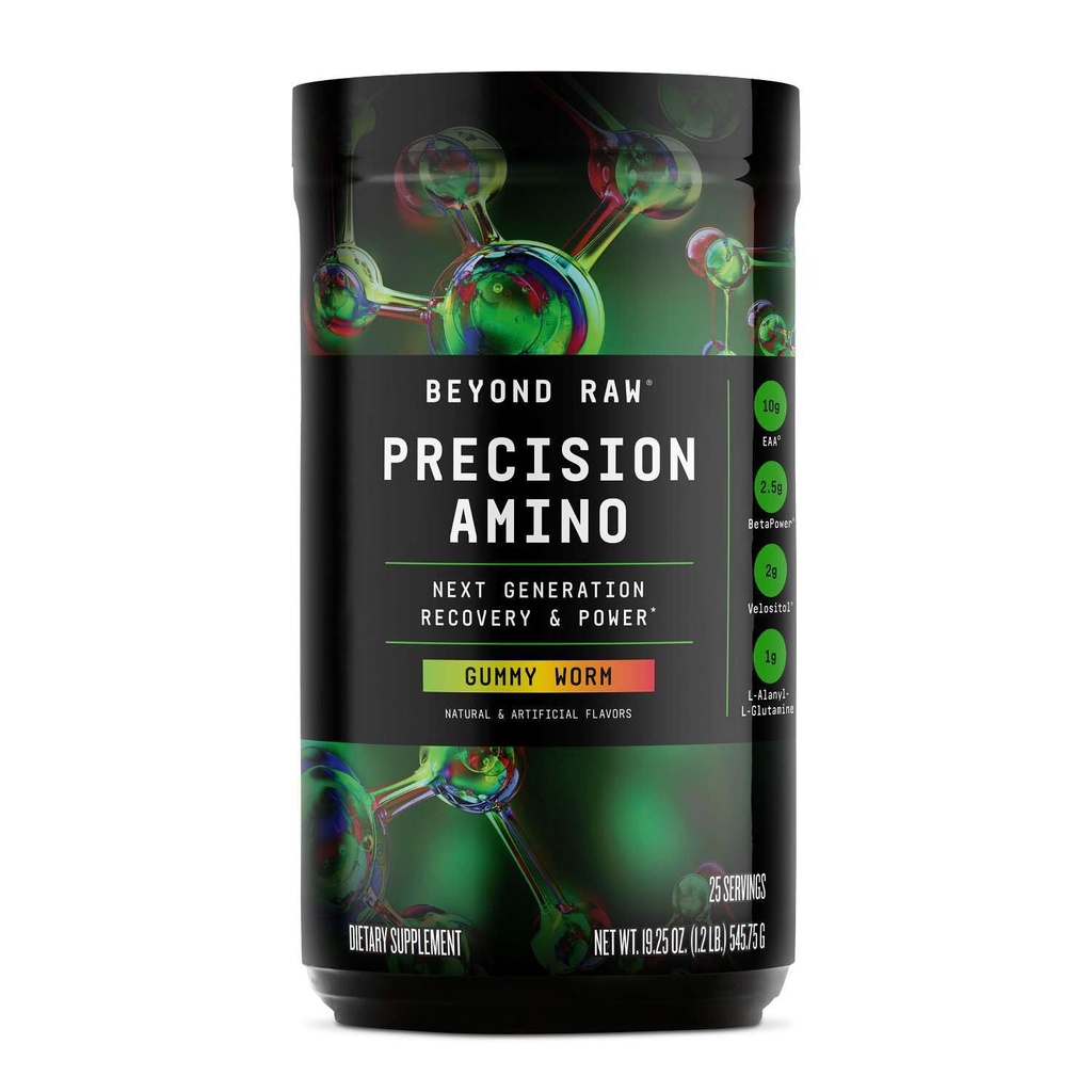 BEYOND RAW Precision Amino Note 124; Recovery & Power Amino Acid Formel 124; Fuel Muscles Note 124; Enhance Hydration Note 124; Gummy Worm Note 124; 25 Serveringer