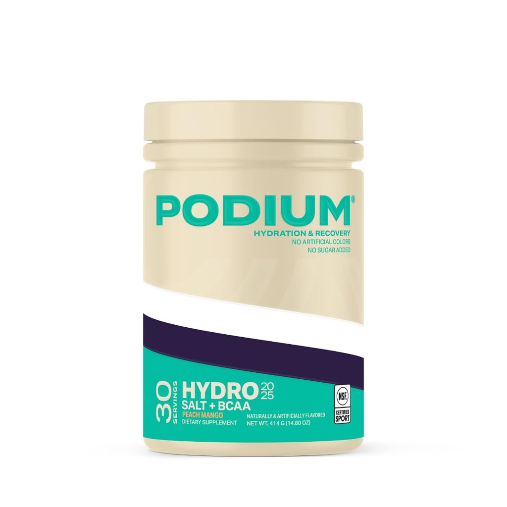 Podium Nutrition, Instantized BCAA Powder, Hydro og salt 2025, 30 Servering, Elektrolyter, Hydration, Inddrivelse (Peach Mango)