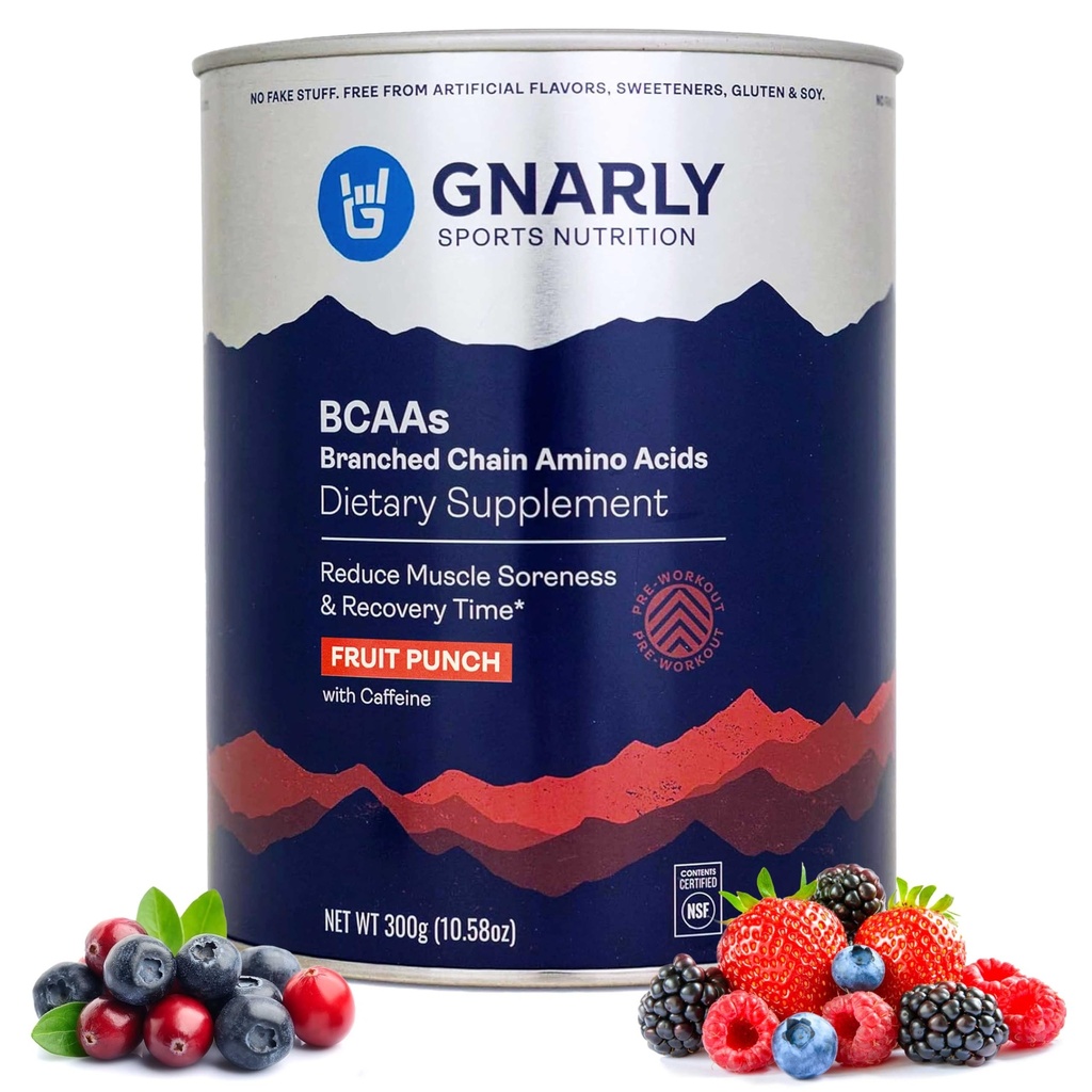 Gnarly Nutrition BCAA Powder, Fruit Punch - Pre-Workout BCAAS Aminosyrer - NSF Sport Certified - Supplement til støtte og genopbygge muskel - Frugt Punch med koffein, 10.58 oz