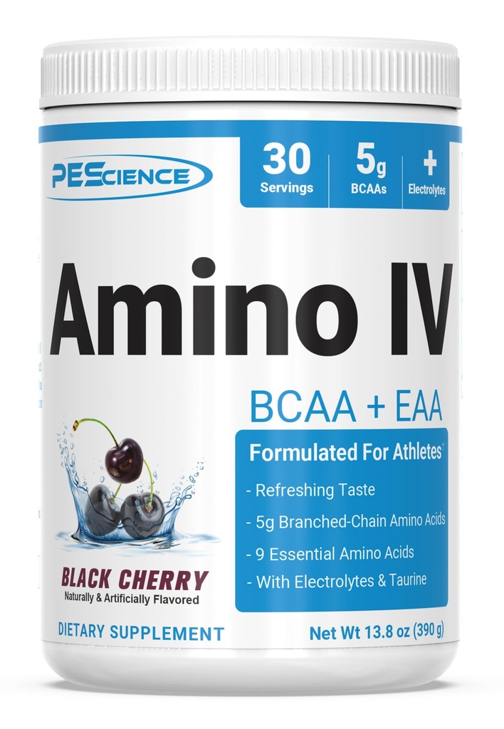 PEScience Amino IV BCAA & EAA Powder, Essential Aminosyrer, Taurine, Electrolytes for Hydration and Muscle Recovery, Sugar Free for Men & Women, Post Workout - Black Cherry, 30 Servering