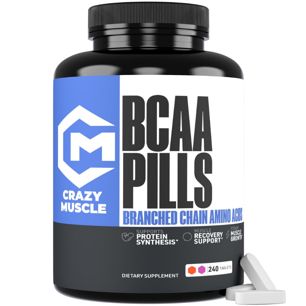 Crazy Muscle 3000mg BCAA piller (80 dages forsyning) med Optimum 2: 1: 1 Ratio af forgrenede kæde Aminosyrer til inddrivelse og vækst, 1000mg BCAA per pille (mere end BCAA kapsler) 240 tabletter