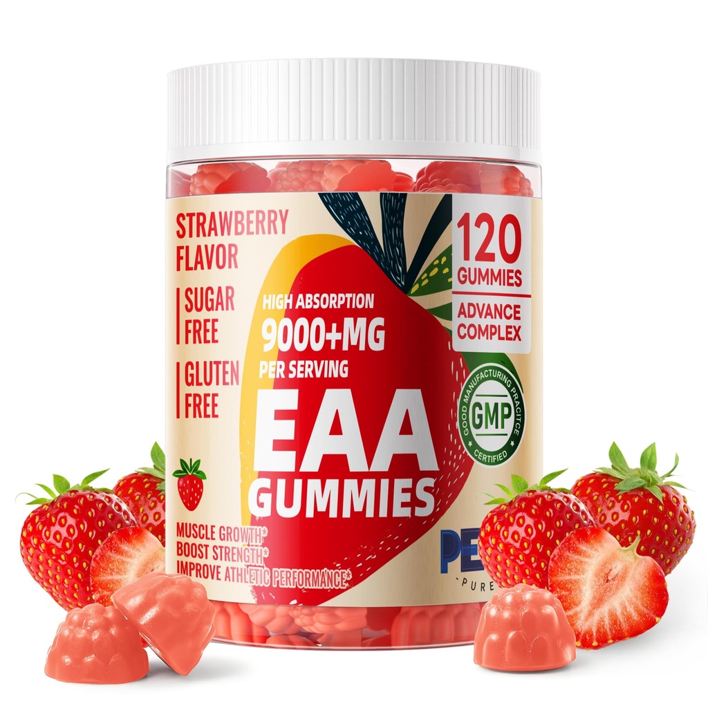 Kæledyr Pure EAA Gummies 120 Gummies (Jordbær), Essential Aminosyrer - Alle 9 Essential Aminos (EAA) og All Branched- Chain Aminos (BCAA), Non- GMO, Gluten Free, Vegetarisk Friendly