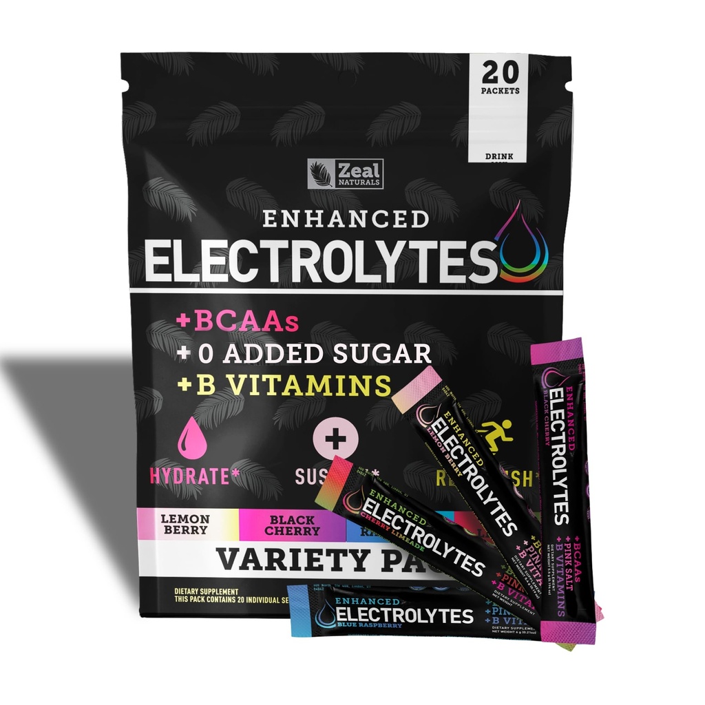 Zeal Naturals Enhanced Electrolyte Powder Stick Packs (Variety Pack - 20 Pakker) Sugar Free + BCAA B- Vitaminer & Pink Himalayan Salt - Keto Electrolytes, Hydration Powder