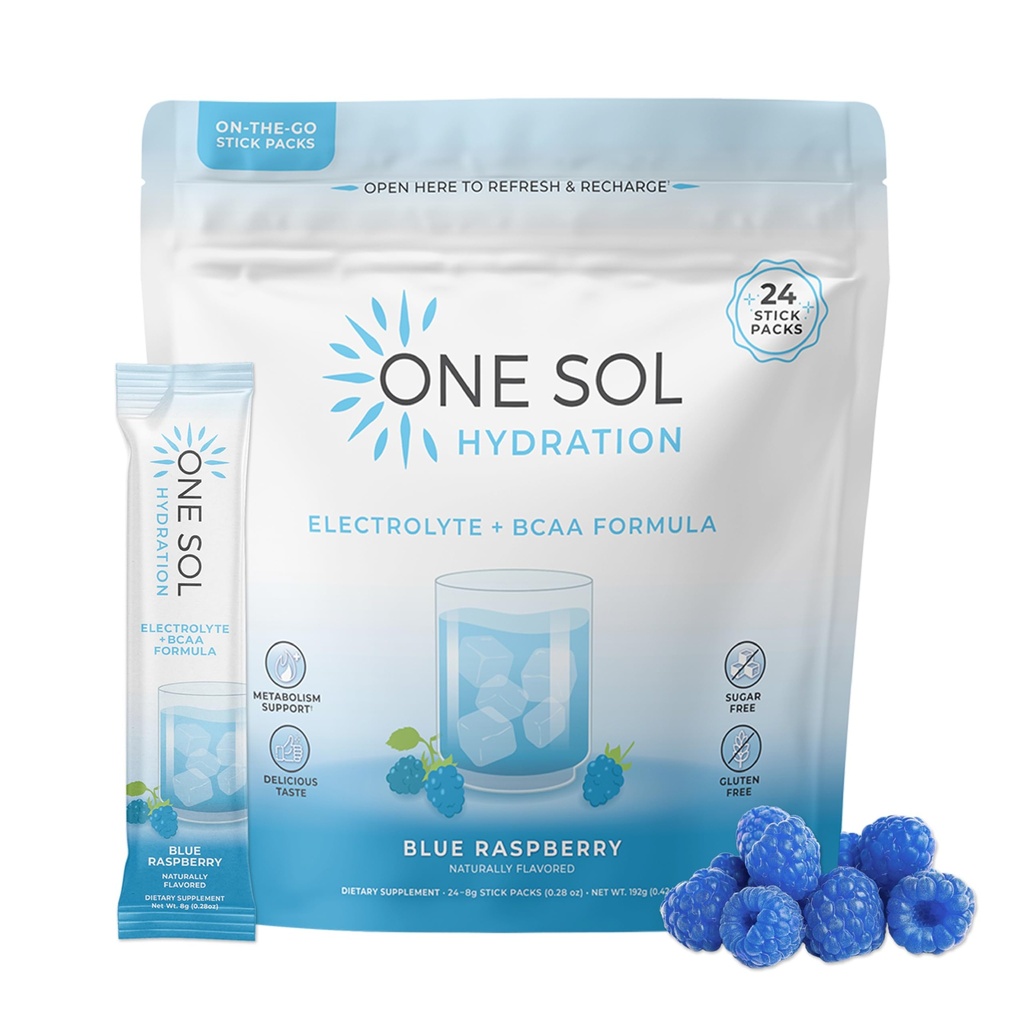 One Sol BCAA & Electrolyte Powder for Hydration & Energy, All- Natural Formel, 100% Vegan, Non- GMO, Gluten Free & Soy- Free, fremmer muskelvækst & Inddrivelse, Natural Blue Raspberry Flavor