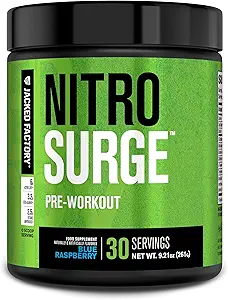 Jacked Factory NITROSURGE Pre Workout Supplement - Energy Booster, Instant Strength Gains, Clear Focus & Intense Pumps - NO Booster & Kraftfuld Preworkout Energy Powder - 30 Servering, Blå Hindbær
