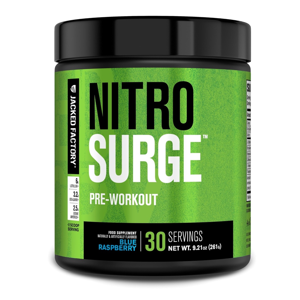 Jacked Factory NITROSURGE Pre Workout Supplement - Energy Booster, Instant Strength Gains, Clear Focus & Intense Pumps - NO Booster & Kraftfuld Preworkout Energy Powder - 30 Servering, Blå Hindbær