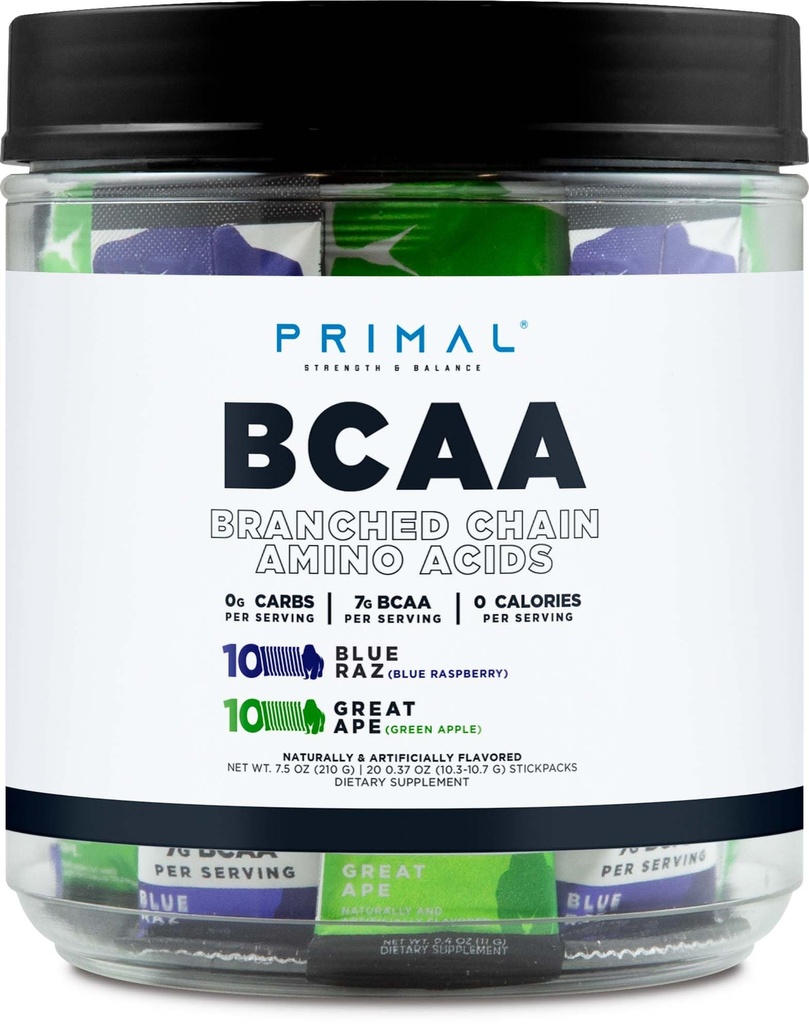 Primal BCAA Variety Pack, Blå Hindbær + Great Ape Green Apple Flavored (20 Stickpacks) - 7G BCAA pr Servering, Forgrenet kæde Aminosyrer