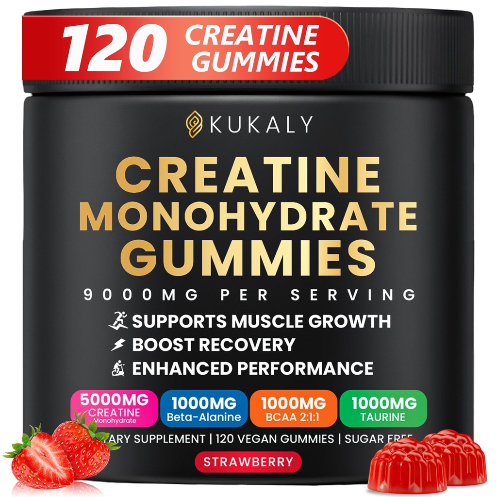 Creatine Monohydrate Gummies for Mænd & Kvinder, 9000MG Creatine Gummies Sugar Free with L- Taurine, BCAA 2: 1, B12 B6 for Boost Styrke, Focus & Endurance, Vegan, Non- GMO, Jordbær, 120pcs